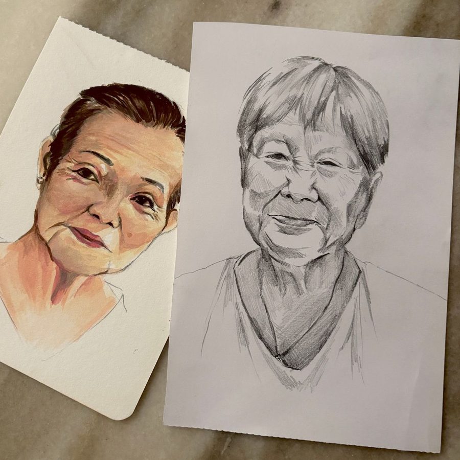 A senior's portrait sketch alongside its finished painting